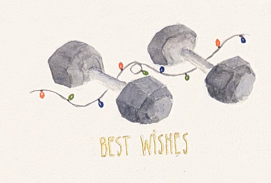 Hand-painted card: two dumbbells wrapped in fairy lights, with 'Best wishes'