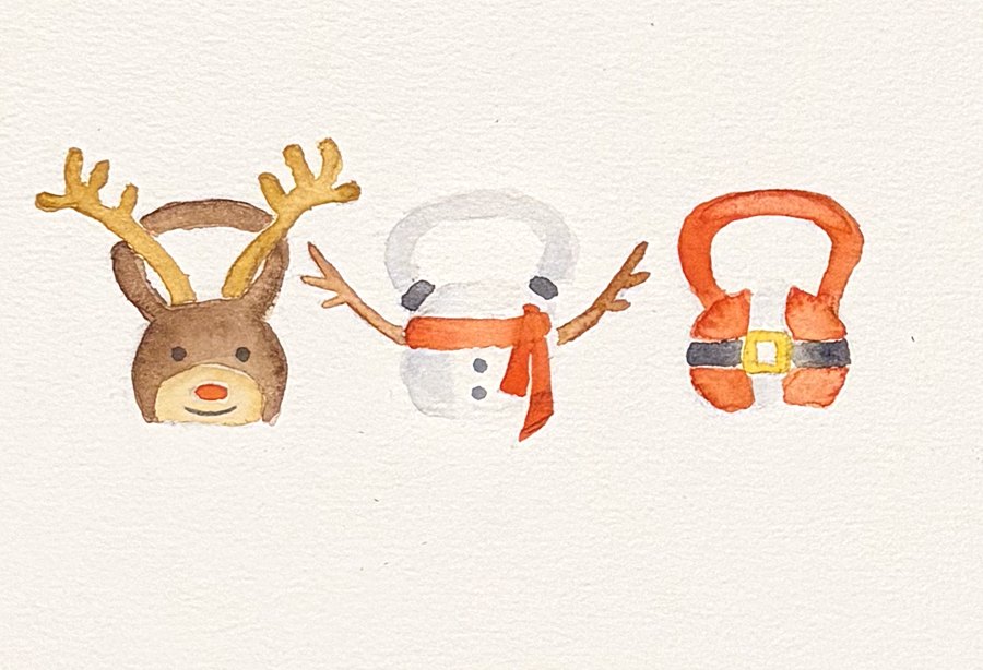 Hand-painted card: three kettlebells dressed as a reindeer, a snowman and Santa